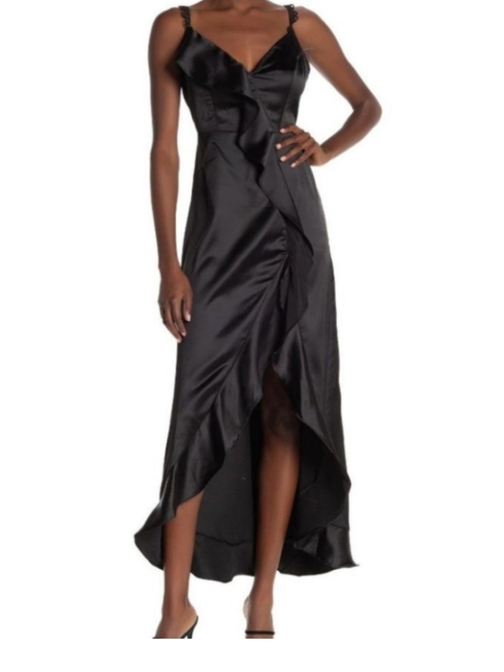 Brand New-OneOneSix Elegant Black Satin Ruffle Midi V-neck Dress